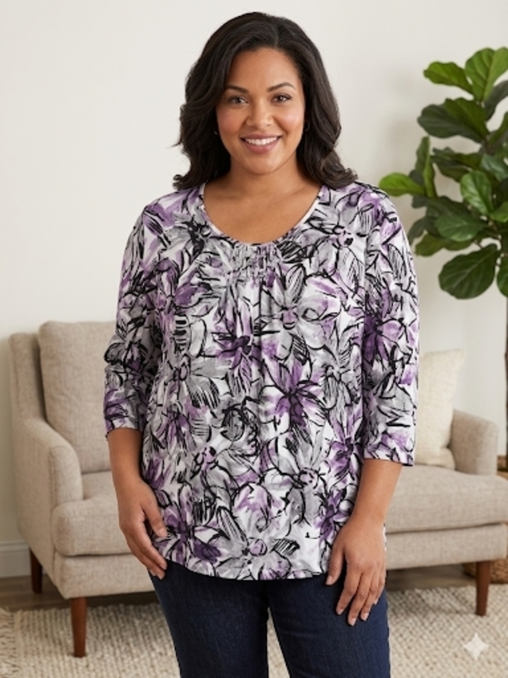 Alfred Dunner 2X Purple Floral Beaded Neck 3/4 Sleeve Top Plus Size 2X